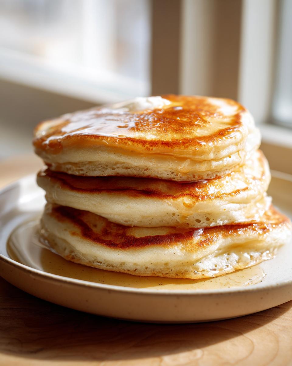 A tall stack of four fluffy sourdough discard pancakes no eggs, drizzled with syrup and topped with butter.