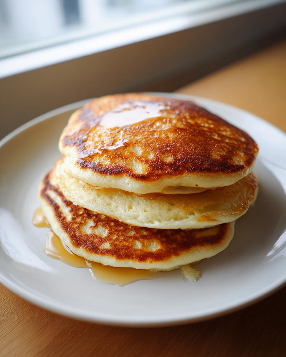 A stack of three fluffy sourdough discard pancakes no eggs drizzled with syrup on a white plate.