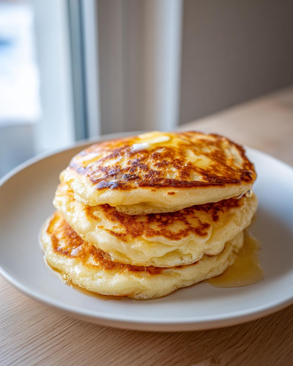A stack of three fluffy sourdough discard pancakes drizzled with melted butter and syrup on a white plate.