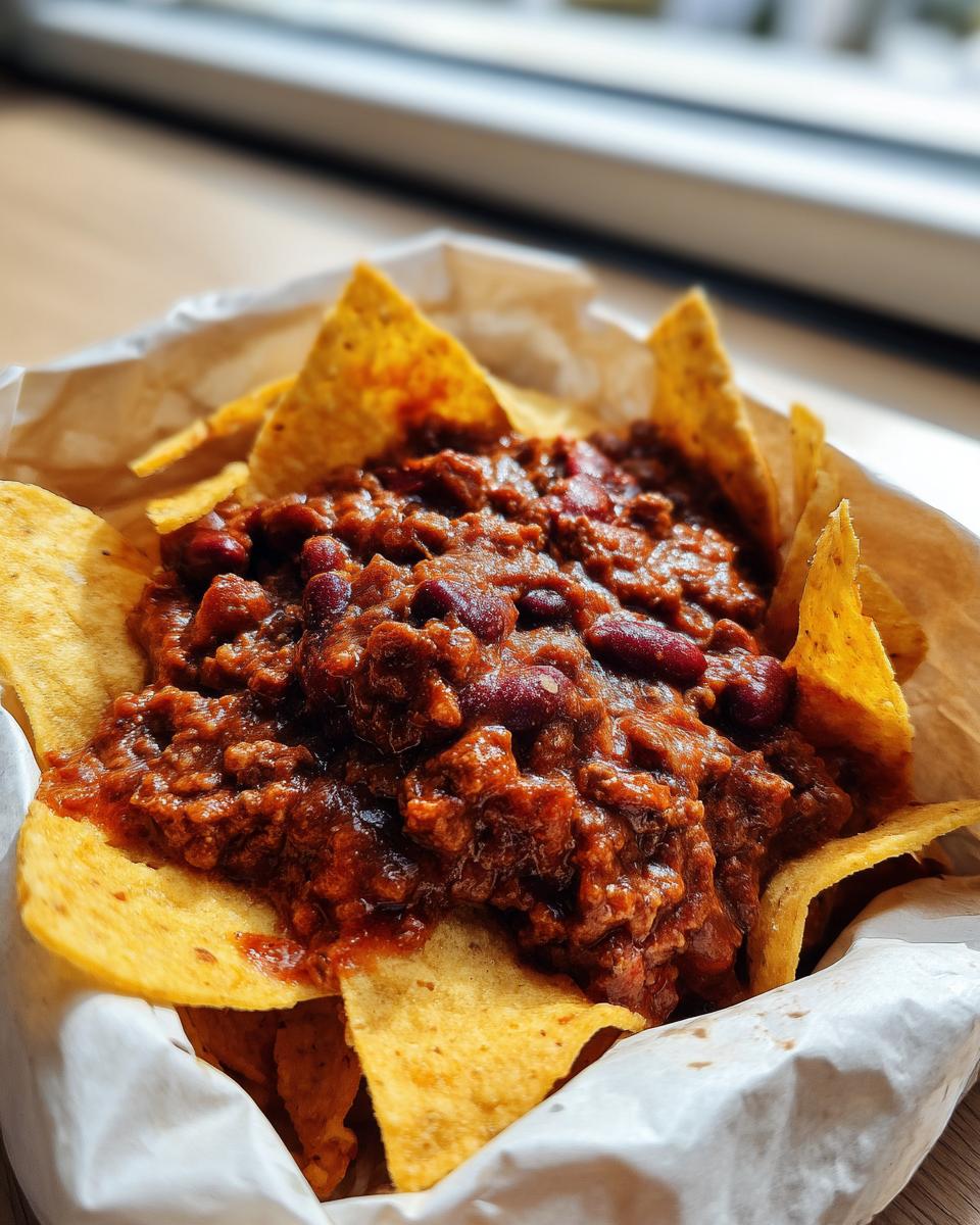 Close-up of Frito corn chips topped generously with rich, meaty chili, ready for a frito pie bar setup.