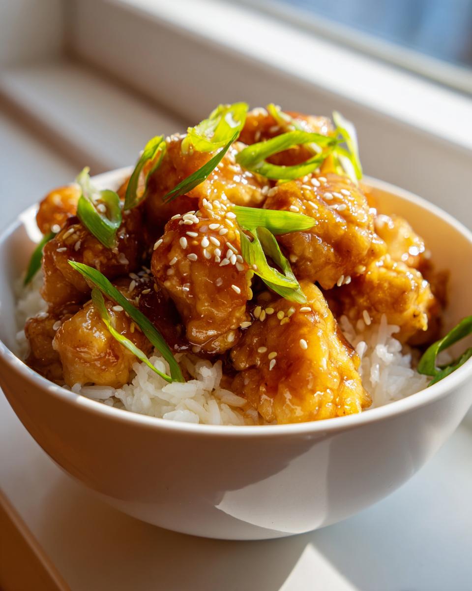 Close-up of glazed chicken pieces topped with sesame seeds and green onions served over white rice in a bowl, part of a sweet corn chicken rice bowl.