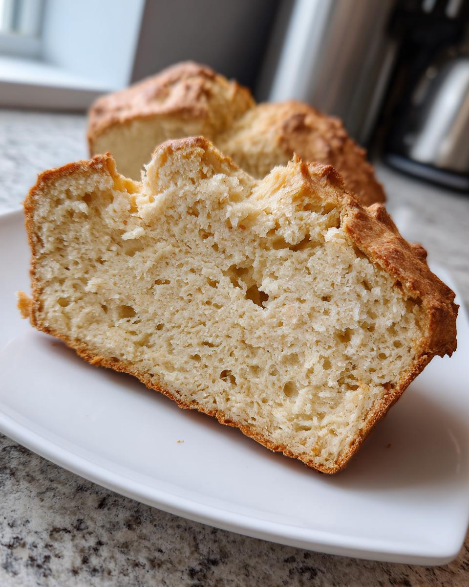 Close-up of a thick slice of gluten free beer bread showing its light, airy crumb texture on a white plate.