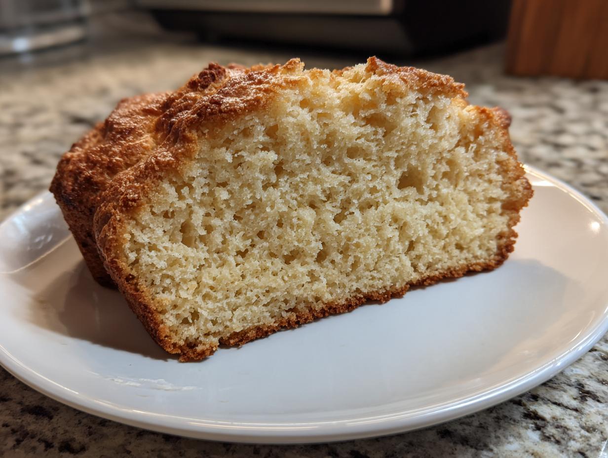 Close-up of a thick slice of golden brown gluten free beer bread showing its soft, airy crumb texture.