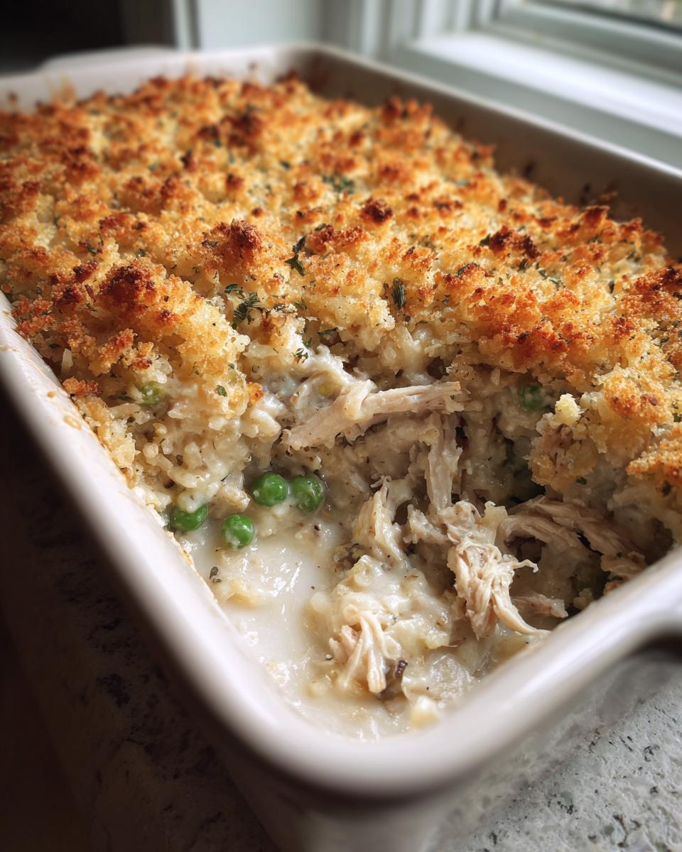 A scoop taken out of a gluten free chicken wild rice casserole showing creamy filling, shredded chicken, peas, and a crispy topping.