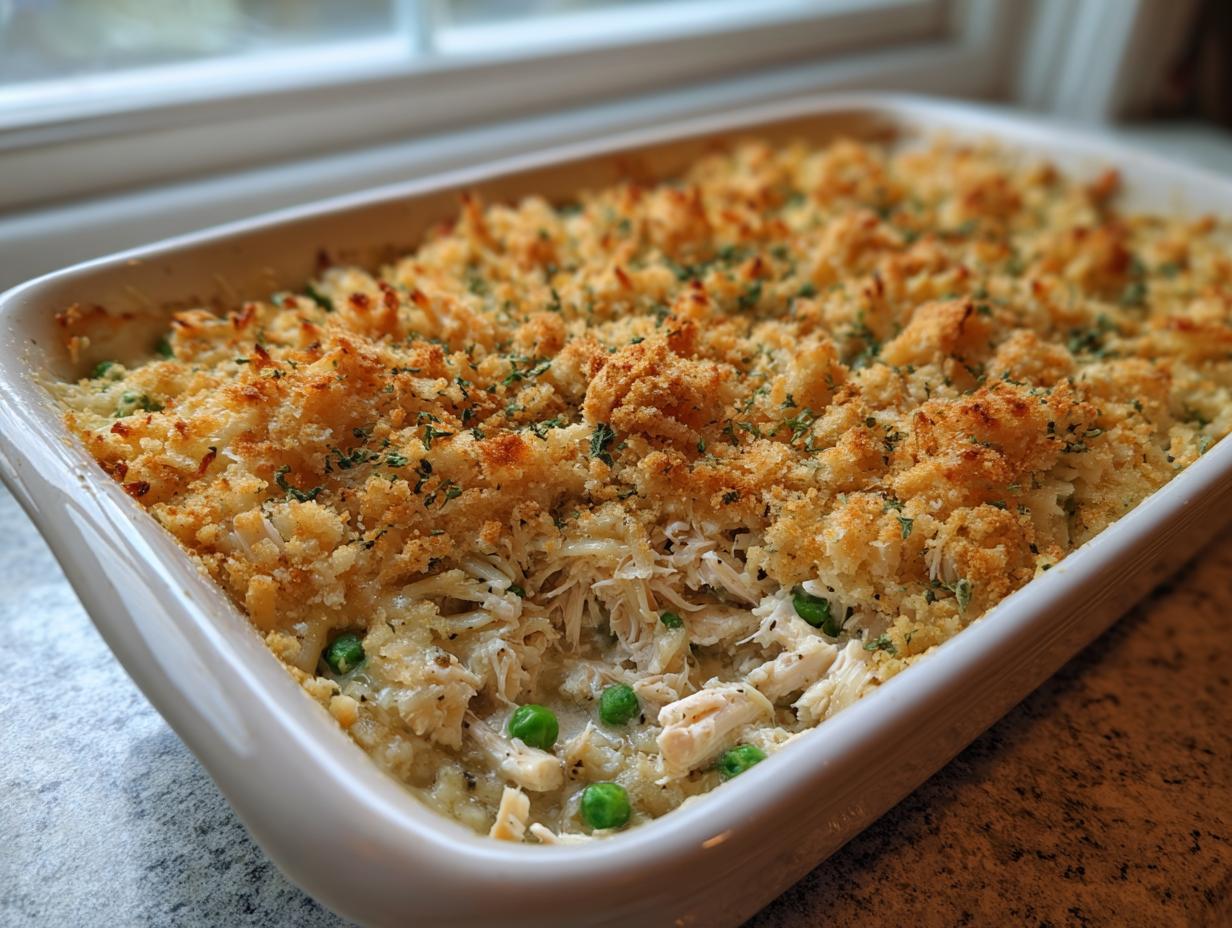 A baked gluten free chicken wild rice casserole in a white dish with a golden, crunchy topping and visible peas.