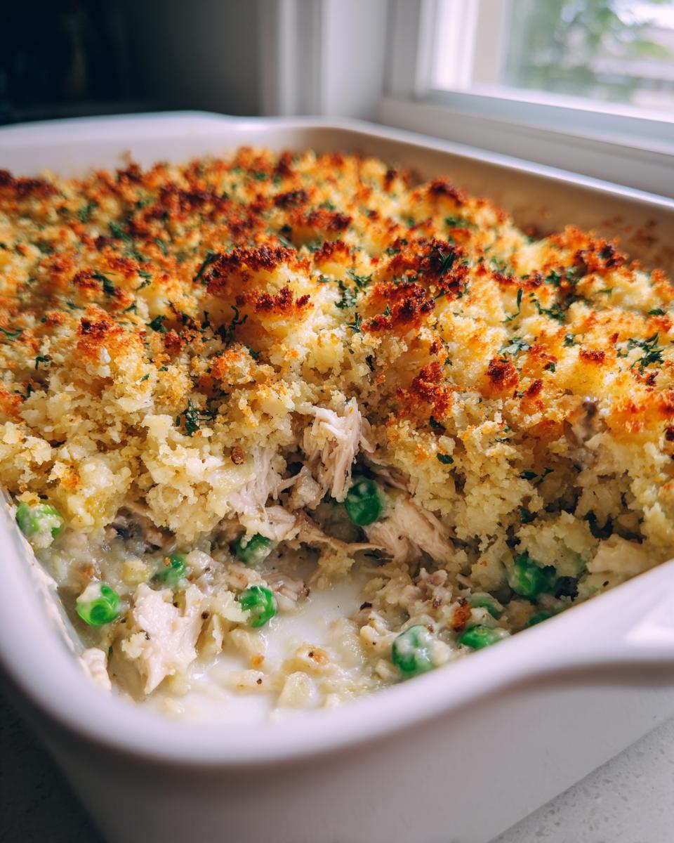 Close-up of a creamy gluten free chicken wild rice casserole with shredded chicken, peas, and a golden, crunchy topping.