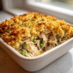 A creamy gluten free chicken wild rice casserole with shredded chicken, peas, and a crispy golden crumb topping.