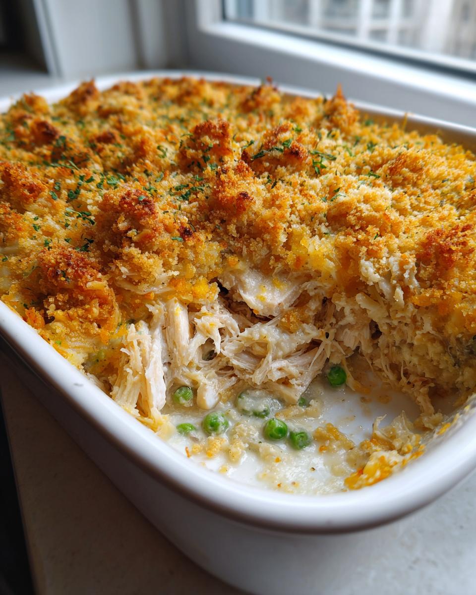 A scoop taken out of a gluten free chicken wild rice casserole showing shredded chicken, peas, and creamy sauce under a golden, crunchy topping.