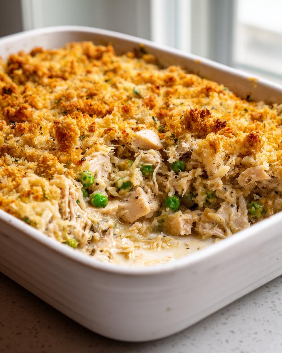 A scoop has been taken out of a creamy gluten free chicken wild rice casserole topped with golden, crunchy breadcrumbs.