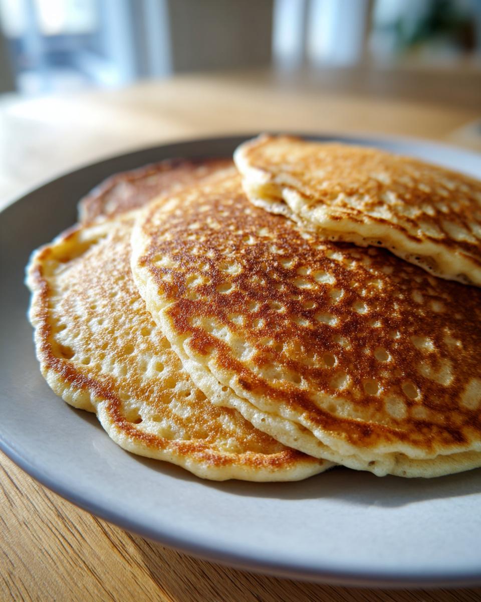 A stack of perfectly golden gluten free sourdough discard pancakes showing small bubbles on the surface, served on a light gray plate.