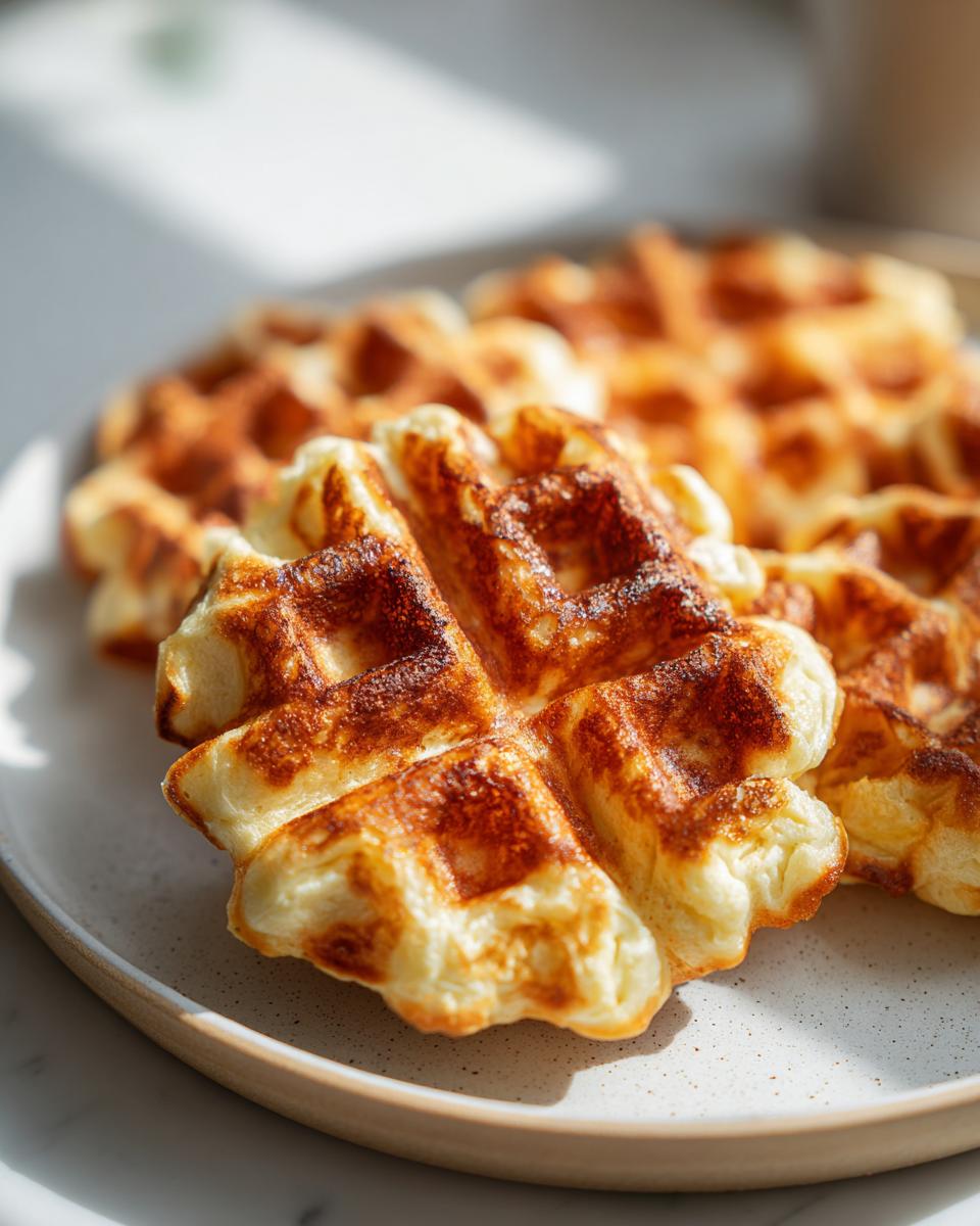 Close-up of golden brown, fluffy cottage cheese waffles stacked on a speckled plate in bright sunlight.