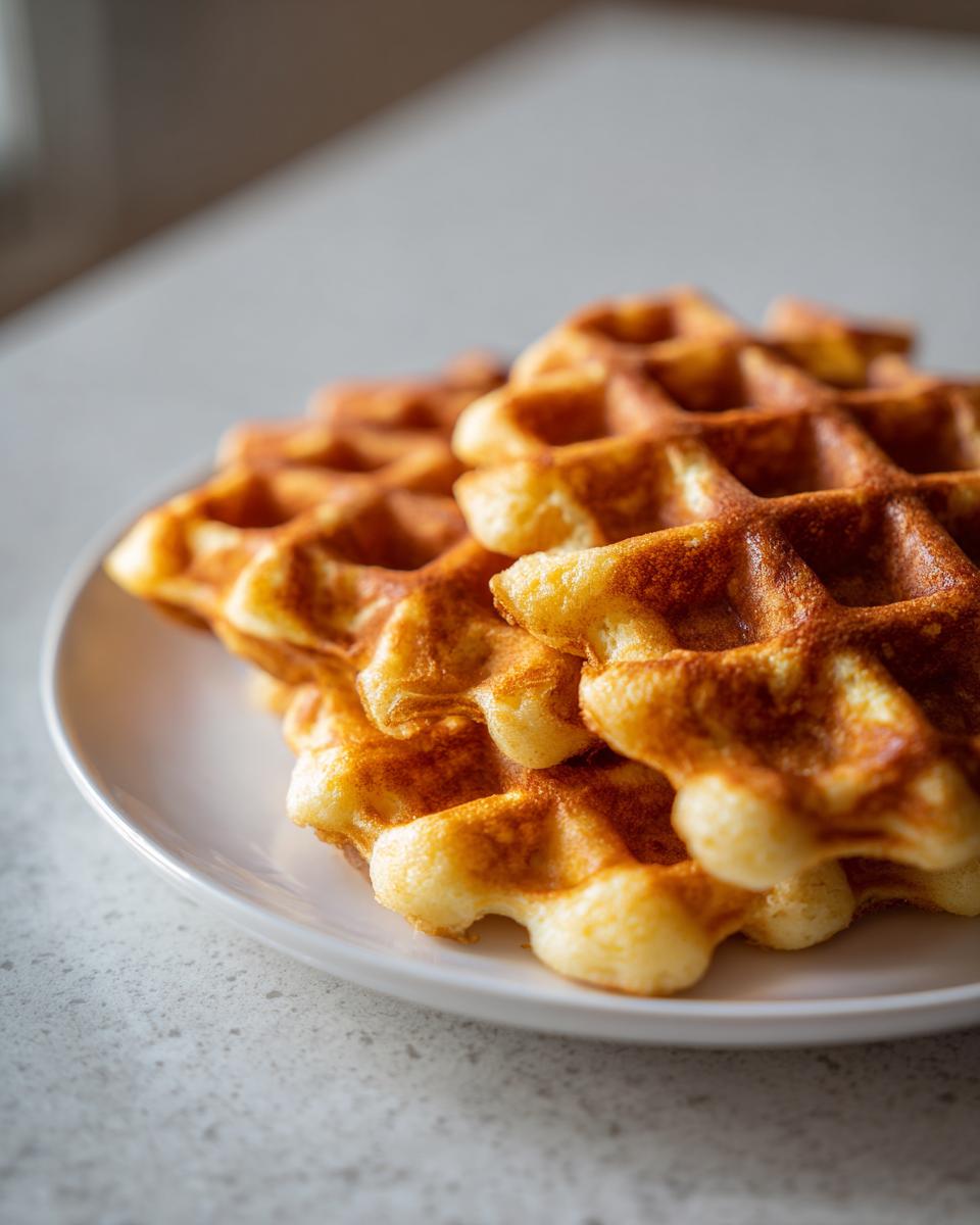 A close-up stack of golden brown cottage cheese waffles low carb resting on a white plate.