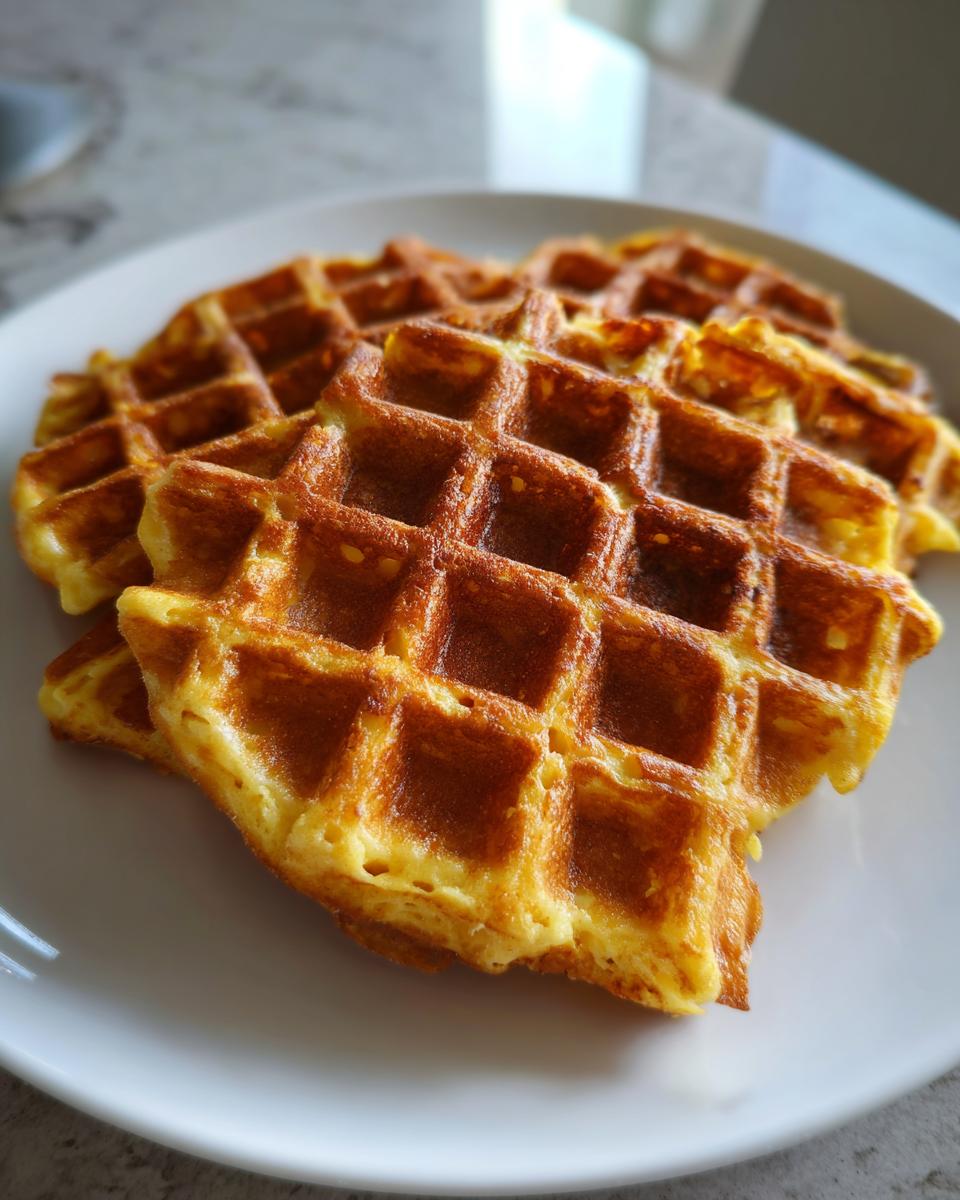 Close-up of golden brown cottage cheese waffles low carb stacked on a white plate.