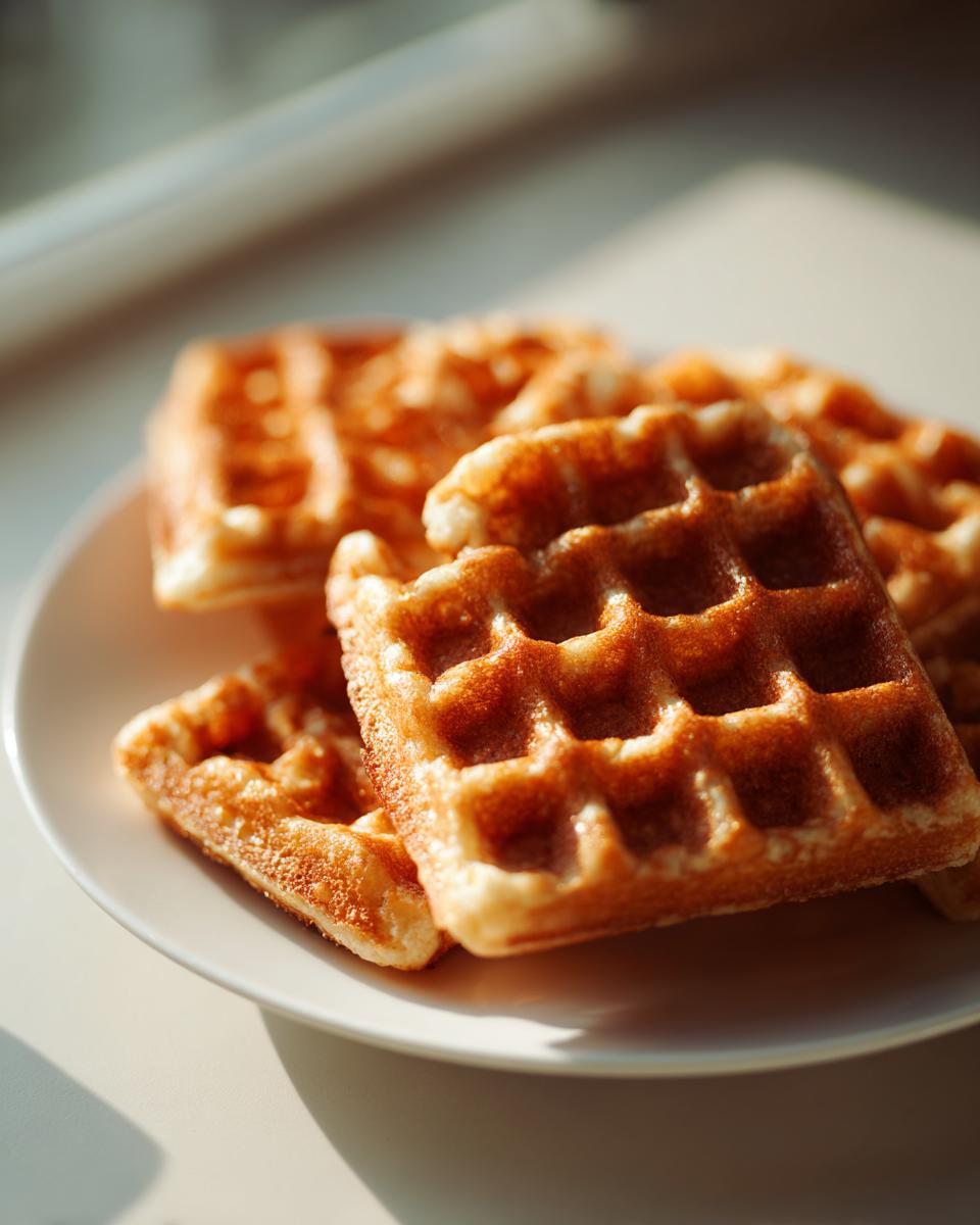 Close-up of golden brown cottage cheese waffles stacked on a white plate, catching bright sunlight.