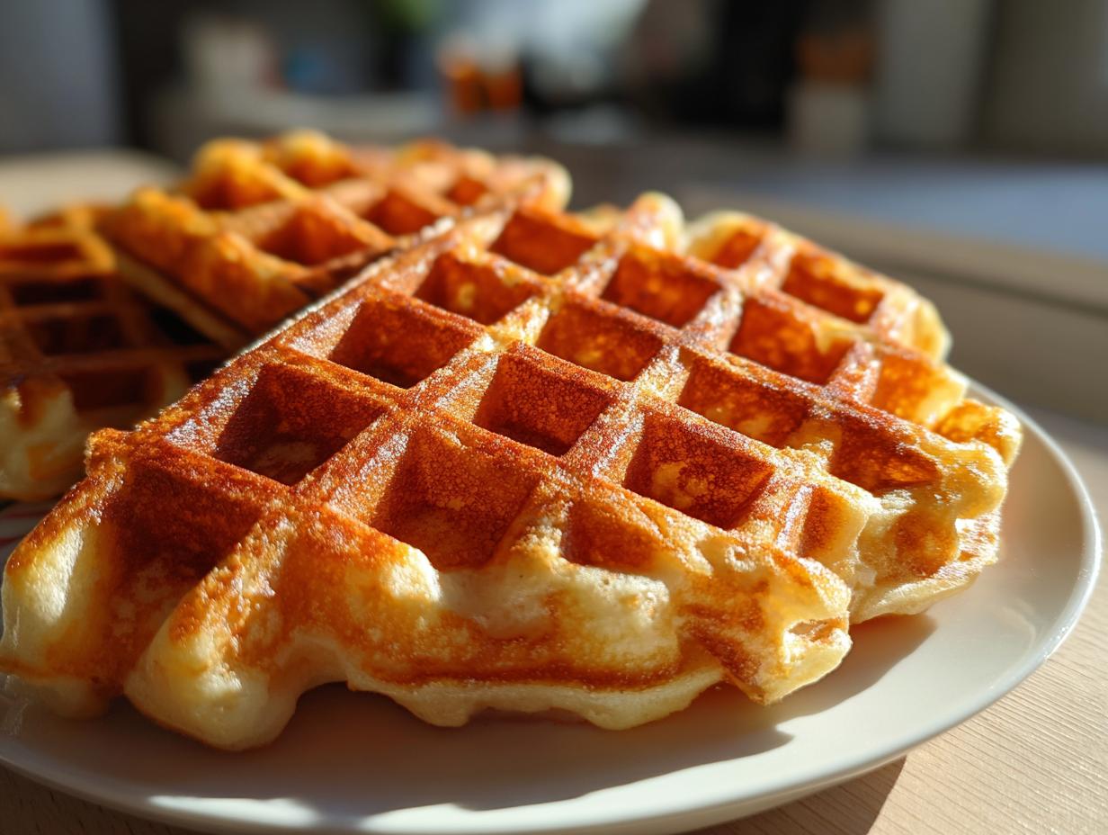 Close-up of golden brown, fluffy cottage cheese waffles stacked slightly on a white plate.