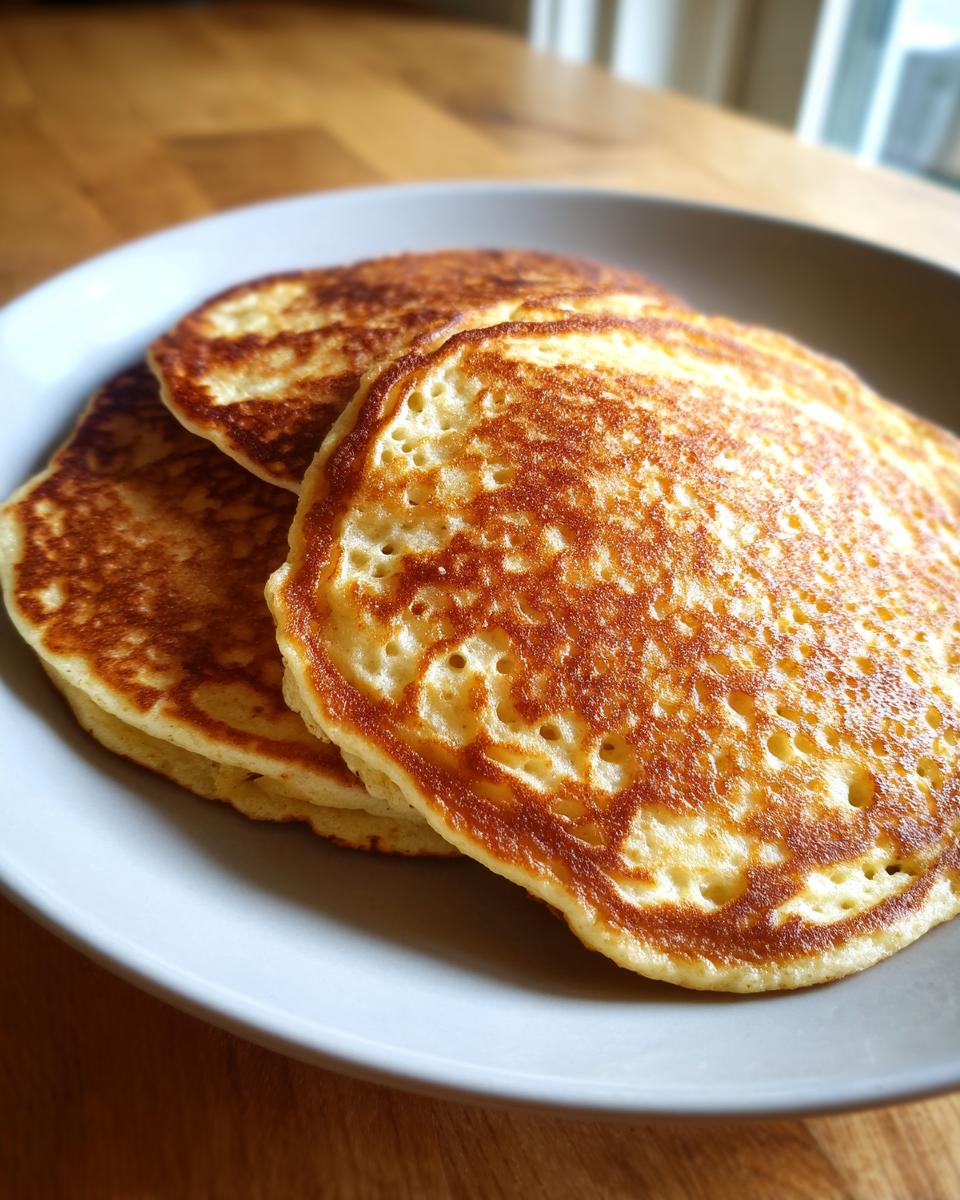 Close-up of three golden brown gluten free sourdough discard pancakes stacked on a light gray plate.
