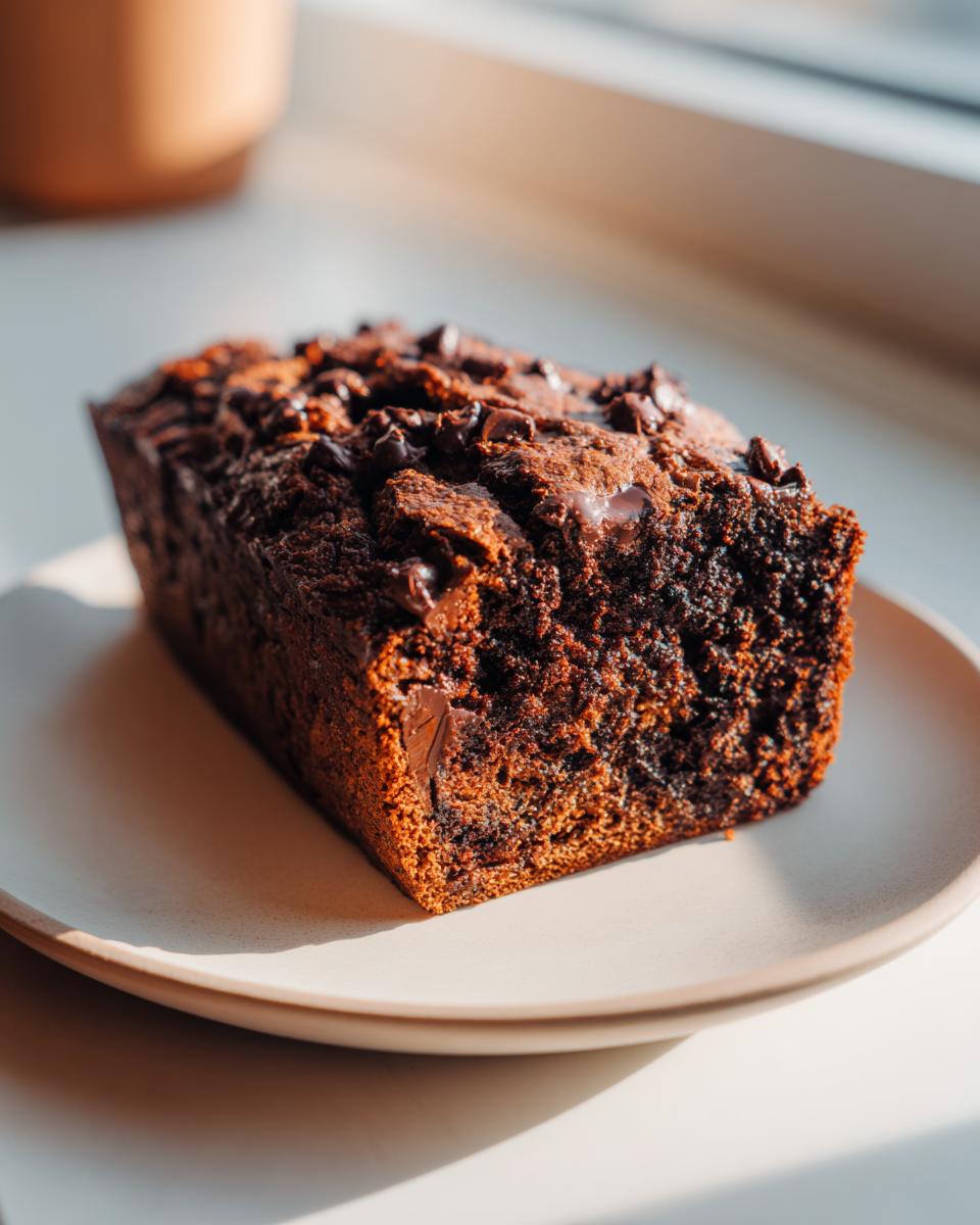 A close-up of a rich, dark chocolate banana bread loaf topped with chocolate chips, sitting on a plate.