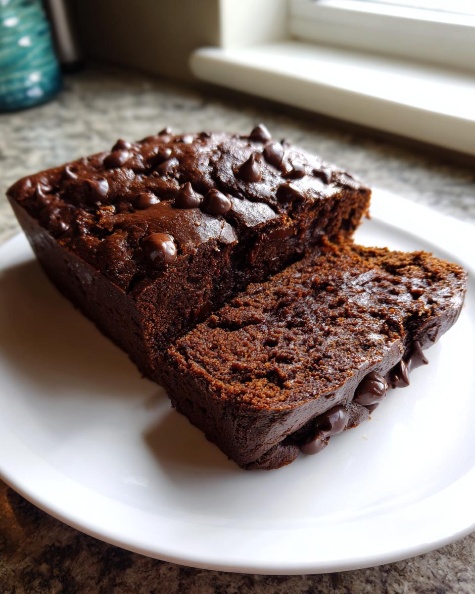 A loaf of rich, dark healthy chocolate banana bread, partially sliced, topped with melted chocolate chips.