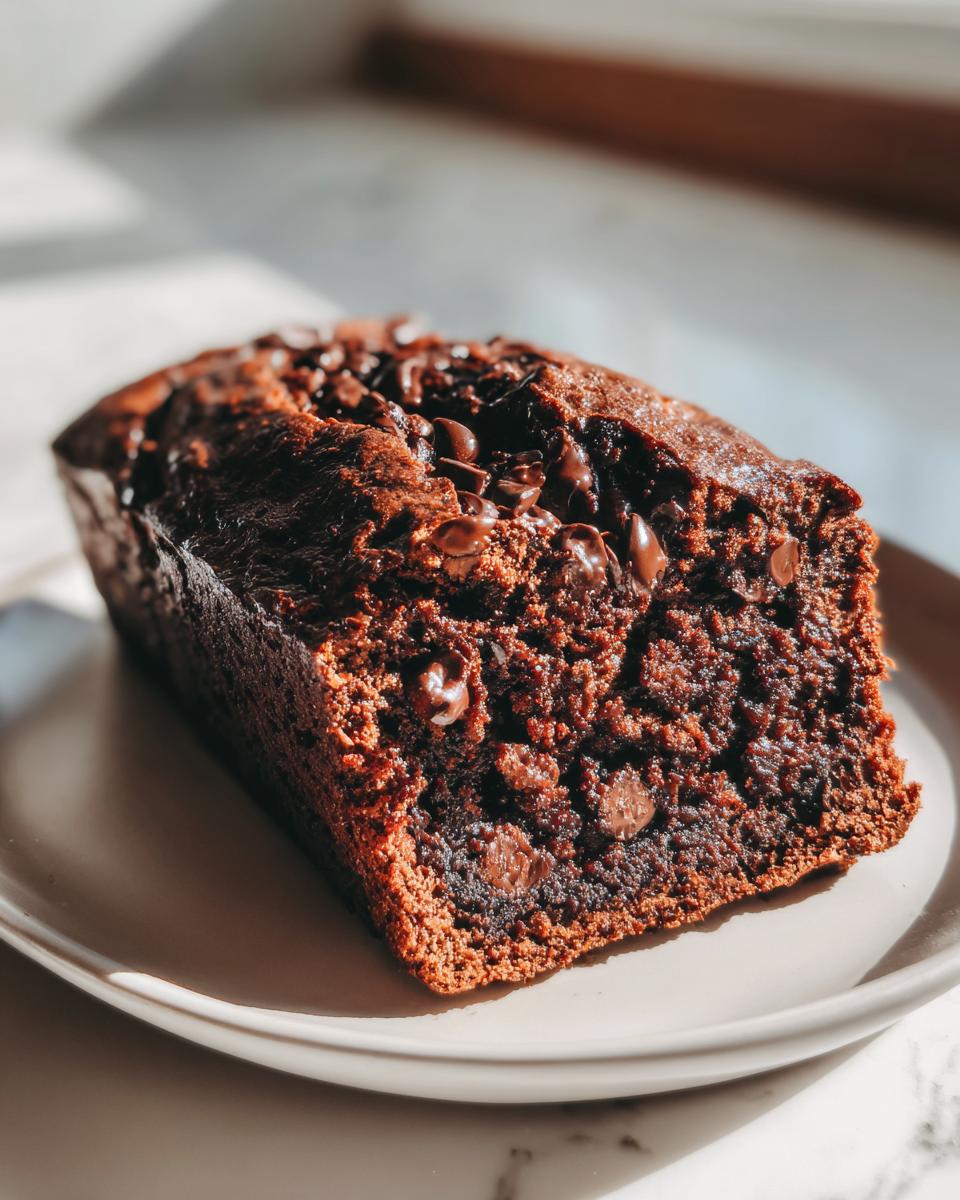 A close-up of a dark, moist slice of healthy chocolate banana bread topped with melted chocolate chips.