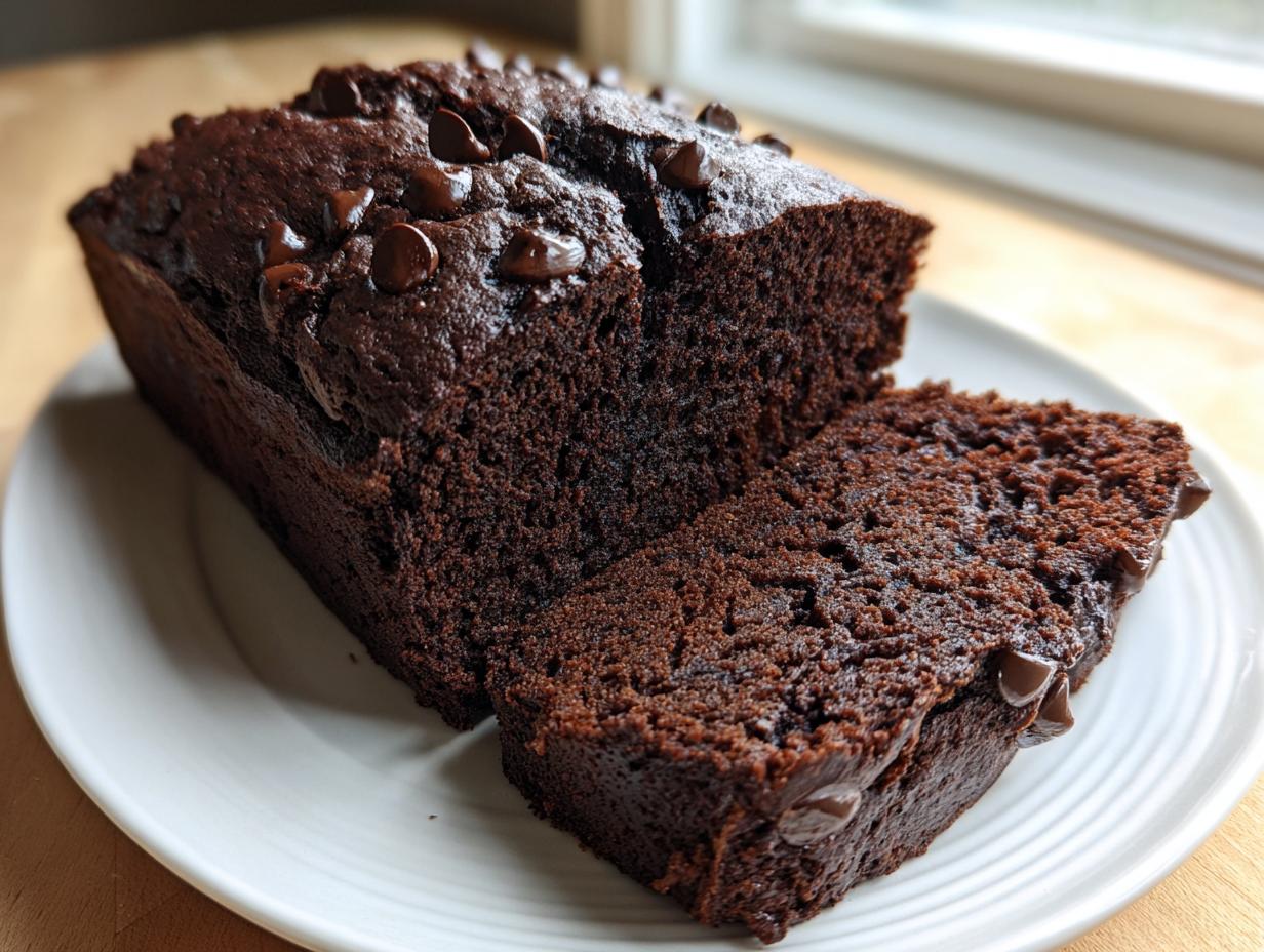 A loaf of dark, moist healthy chocolate banana bread, partially sliced, topped with chocolate chips.