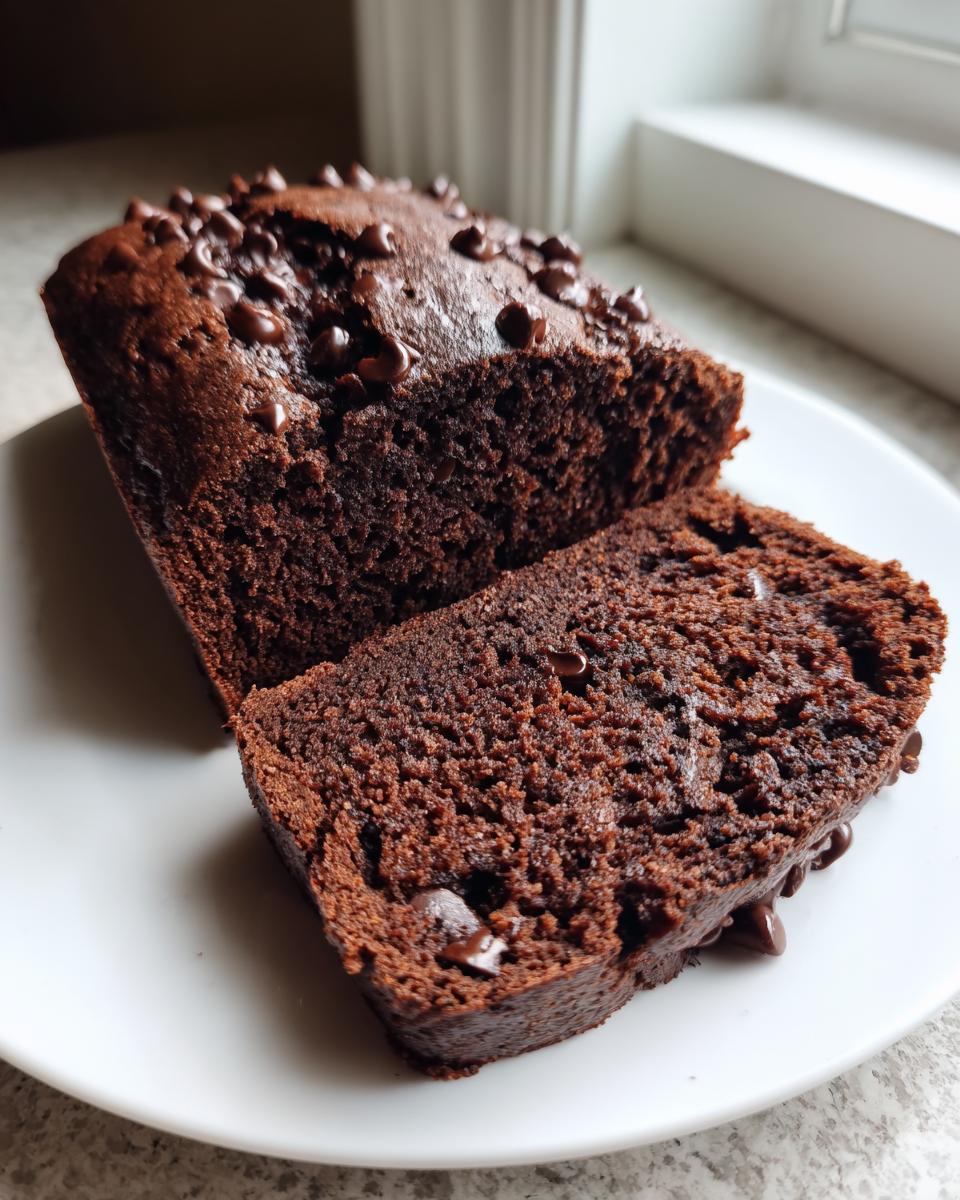 Close-up of a slice of moist, dark chocolate banana bread topped with chocolate chips.
