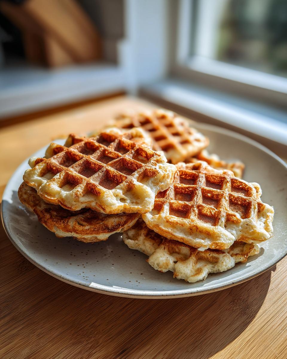 A stack of golden brown, fluffy cottage cheese waffles resting on a speckled grey plate near a bright window.