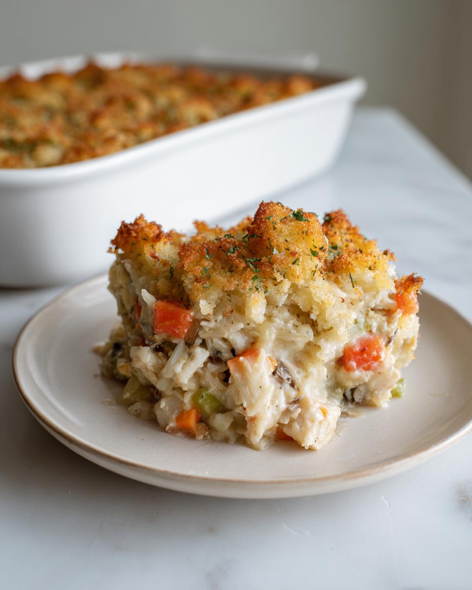 A square serving of creamy chicken wild rice casserole topped with golden breadcrumbs on a small plate.