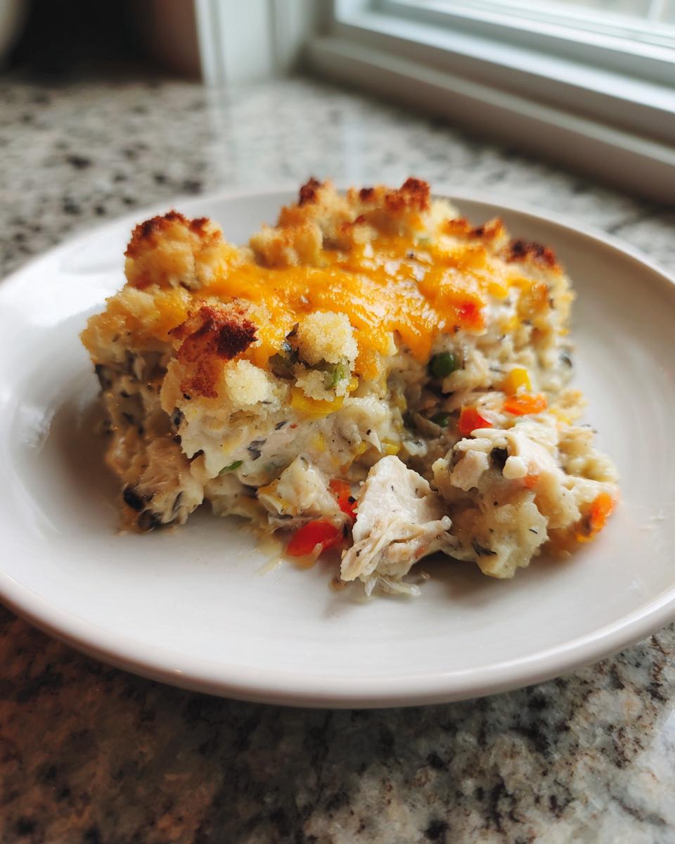 A close-up serving of hearty chicken wild rice casserole with a cheesy, browned topping on a white plate.
