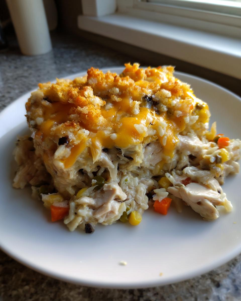 A close-up serving of creamy chicken wild rice casserole topped with melted cheddar cheese and a crunchy breadcrumb topping.