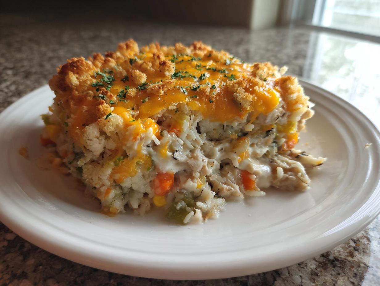 A generous slice of creamy chicken wild rice casserole topped with melted cheddar cheese and breadcrumbs.