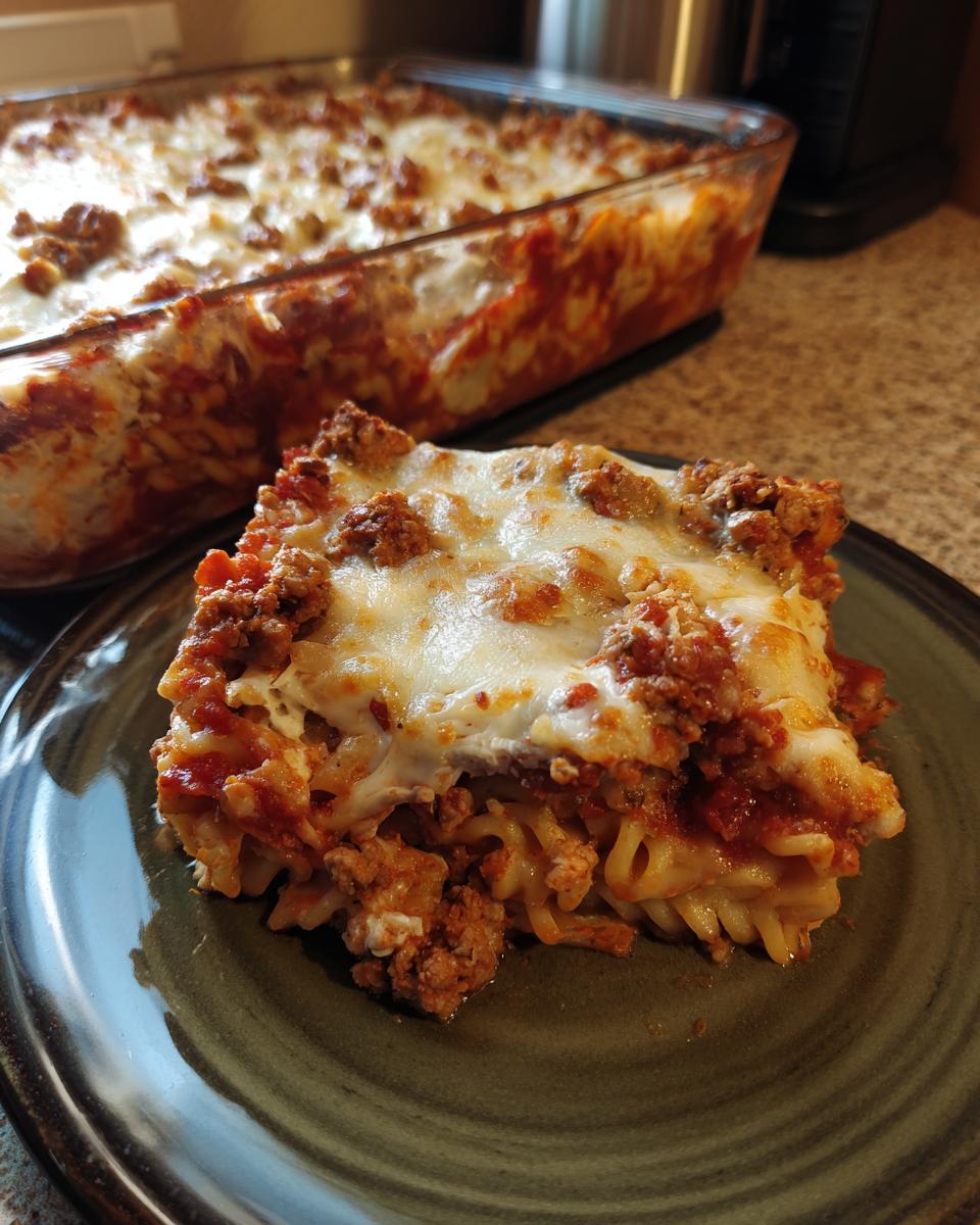 A close-up serving of high protein baked ziti topped with melted cheese and meat sauce, with the baking dish visible in the background.
