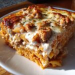 Close-up of a square serving of high protein baked ziti layered with ricotta and baked cheese topping.