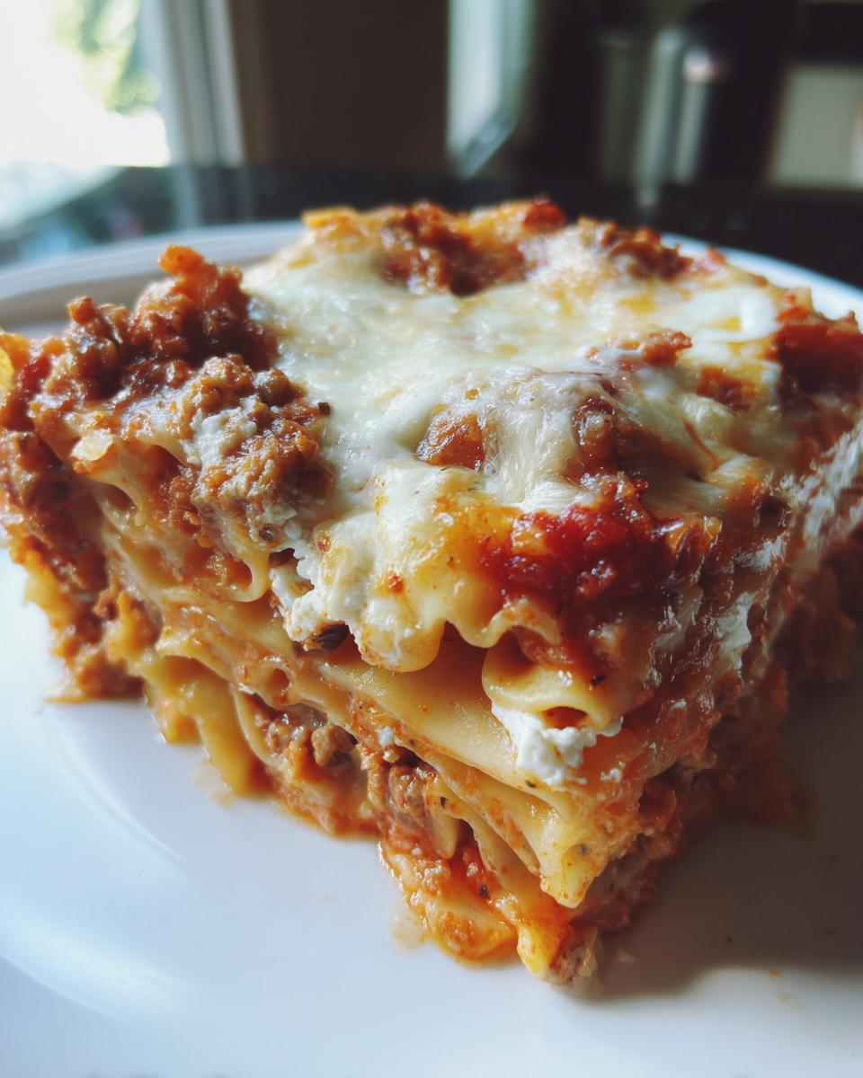 Close-up of a layered slice of high protein baked ziti, covered in rich meat sauce and melted mozzarella cheese.