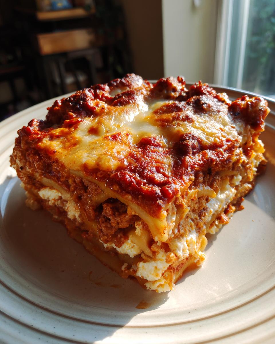 A generous slice of high protein baked ziti layered with pasta, meat sauce, and melted cheese, served on a plate.