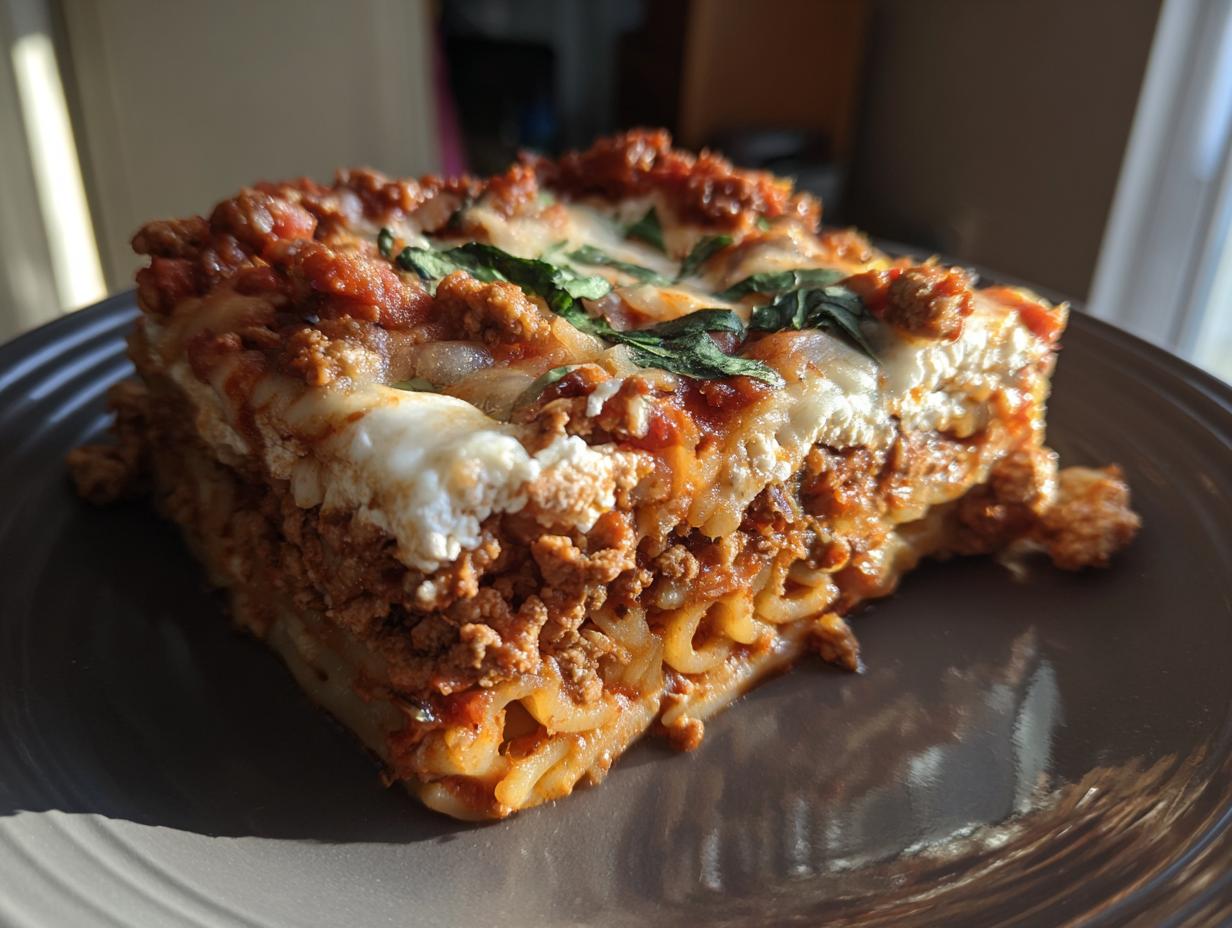 A thick, square slice of high protein baked ziti layered with meat sauce and melted cheese, served on a brown plate.