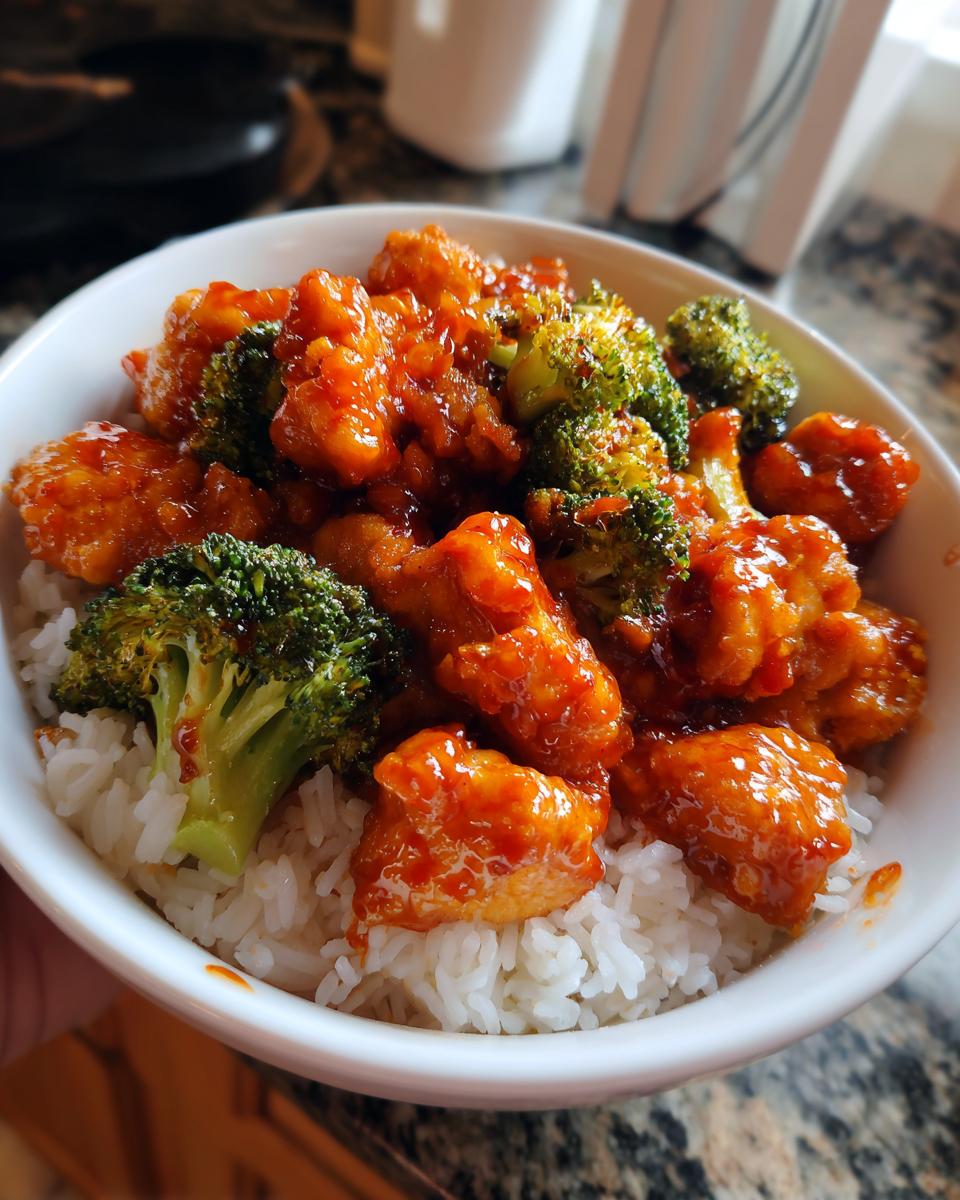 Close-up of a white bowl filled with white rice, topped with crispy chicken pieces and bright green broccoli florets coated in an orange sauce, making a perfect chicken rice bowl.