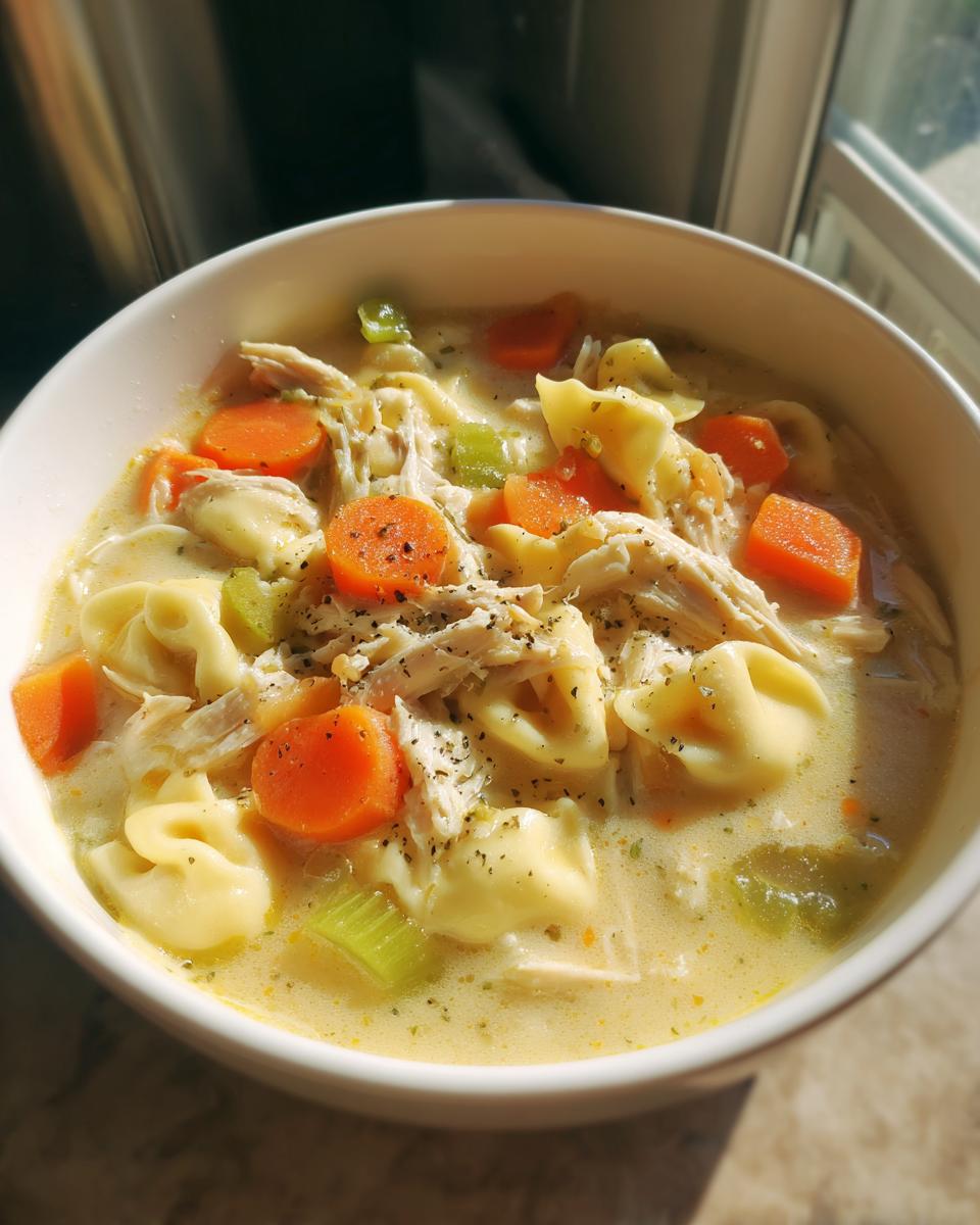 A close-up of creamy instant pot chicken tortellini soup featuring shredded chicken, carrots, celery, and tortellini pasta.