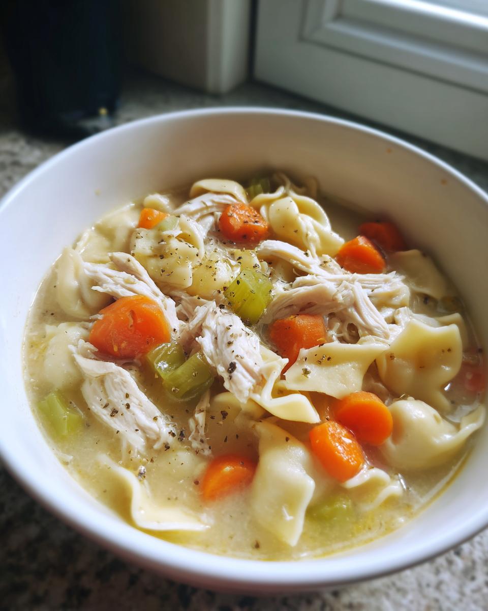 Close-up of a bowl of creamy instant pot chicken tortellini soup with shredded chicken, carrots, and celery.