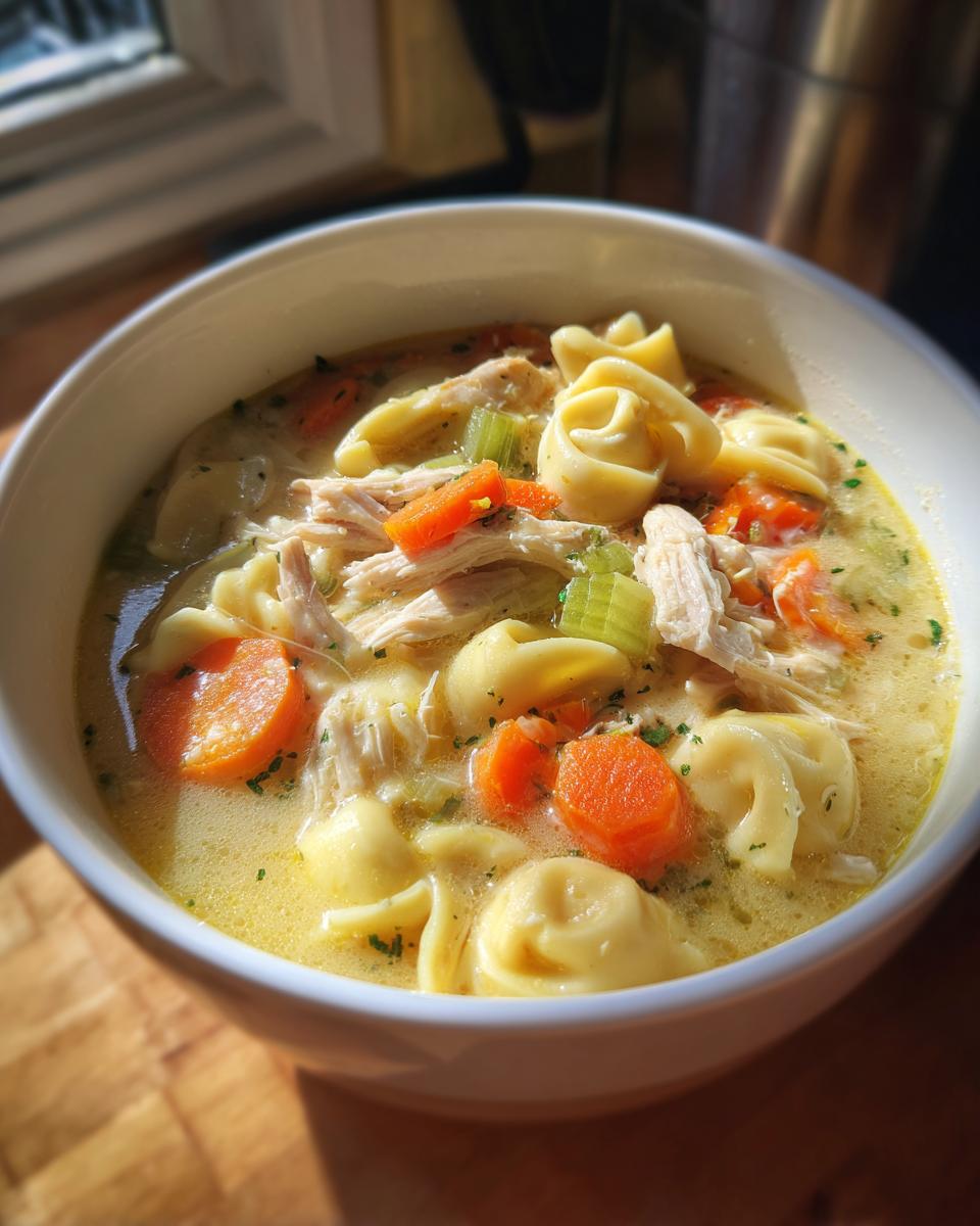 Close-up of creamy instant pot chicken tortellini soup featuring shredded chicken, carrots, and celery in a white bowl.