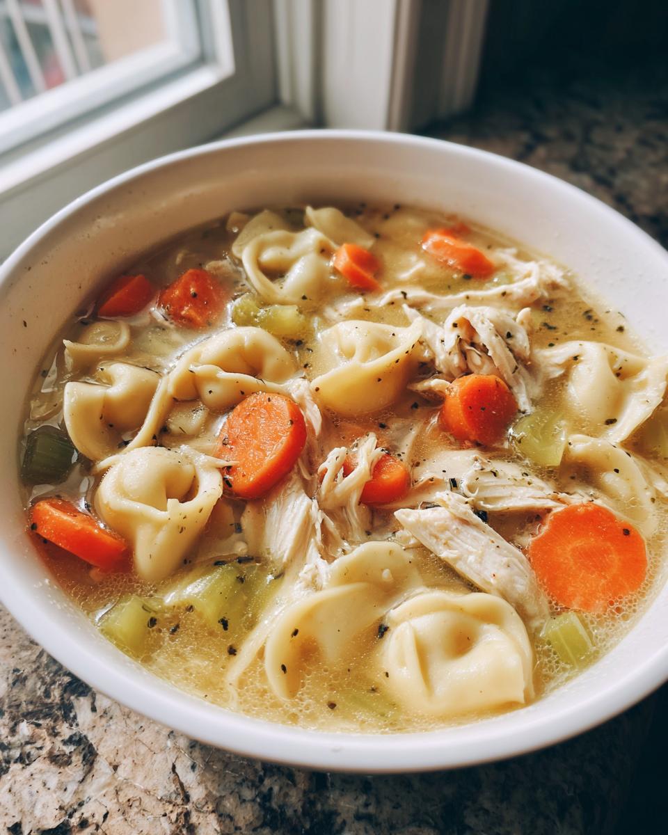 Close-up of a white bowl filled with instant pot chicken tortellini soup, featuring tortellini, shredded chicken, carrots, and celery.