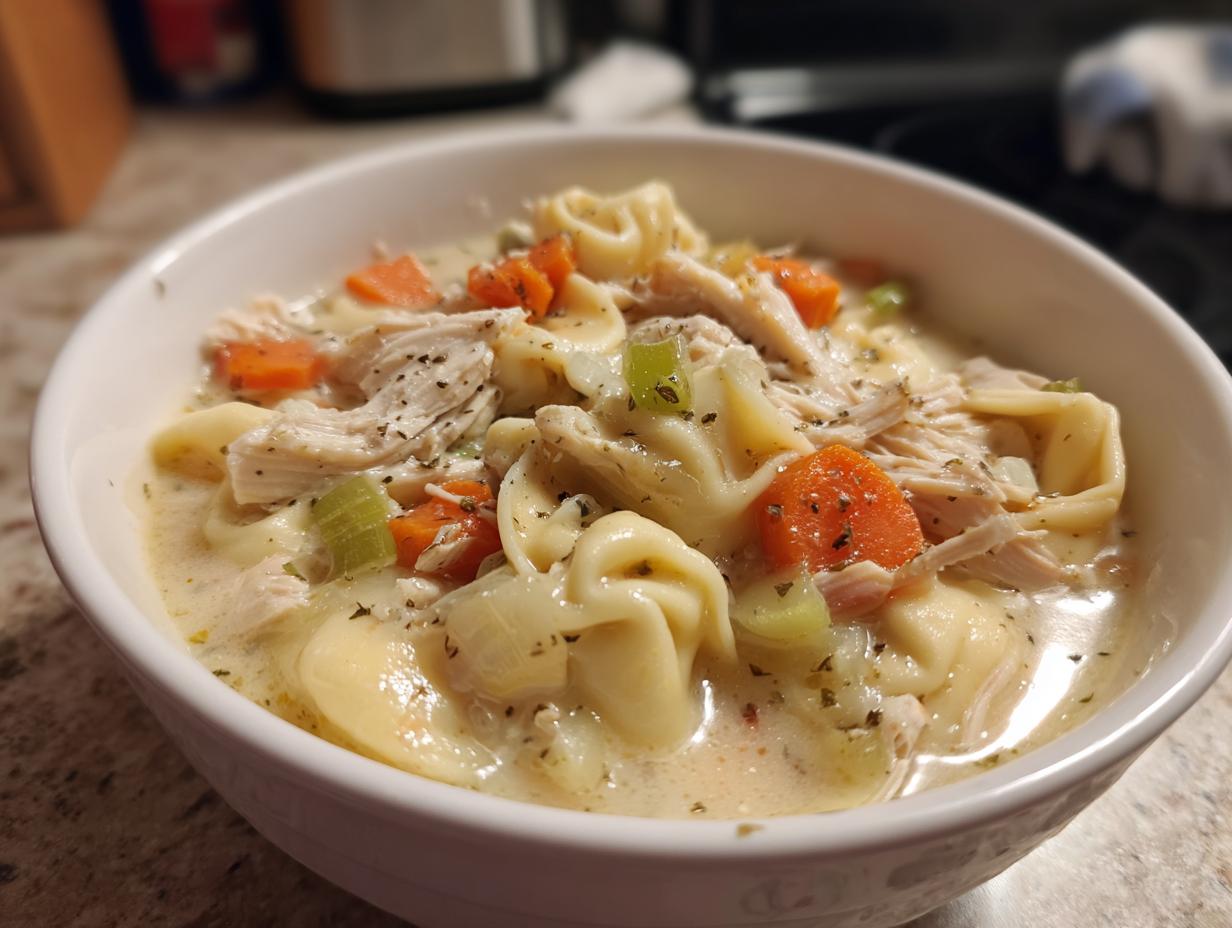 A close-up of creamy instant pot chicken tortellini soup featuring shredded chicken, tortellini, carrots, and celery.