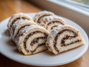 Slices of Italian nut roll cookies with cream cheese dough, showing the swirl filling and white icing.