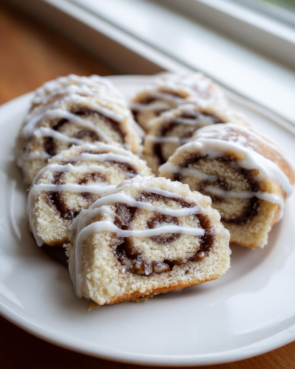 Close-up of sliced italian nut roll cookies with cream cheese dough, drizzled with white icing.