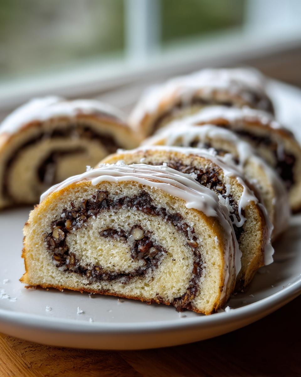 Close-up of sliced italian nut roll cookies with cream cheese dough, drizzled with white icing.