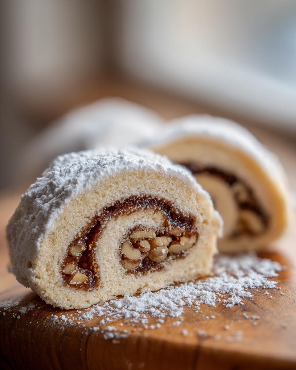 Close-up of a sliced Italian nut roll cookie showing the swirl of dough, dark filling, and chopped nuts, dusted with powdered sugar.