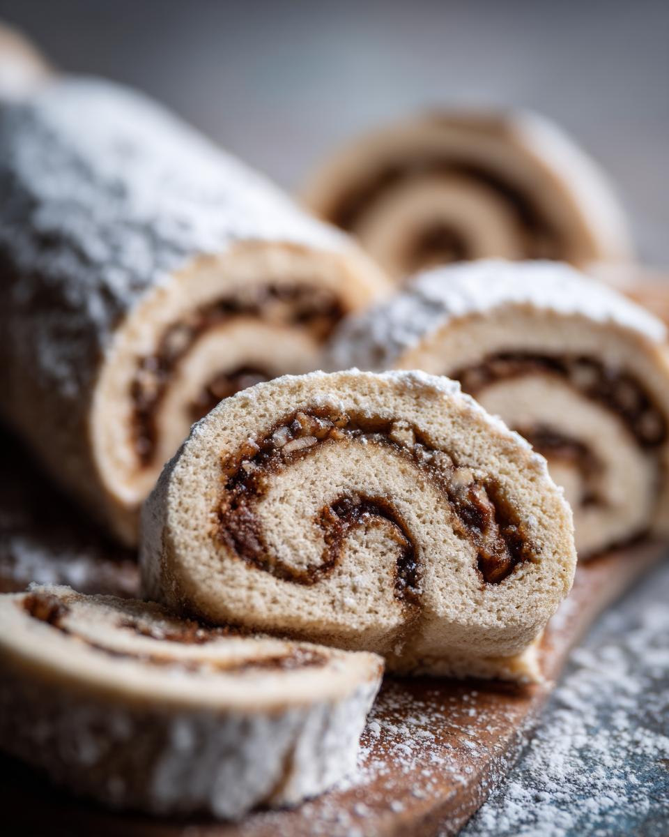 Close-up of sliced italian nut roll cookies showing the swirl of nut filling and dusted heavily with powdered sugar.
