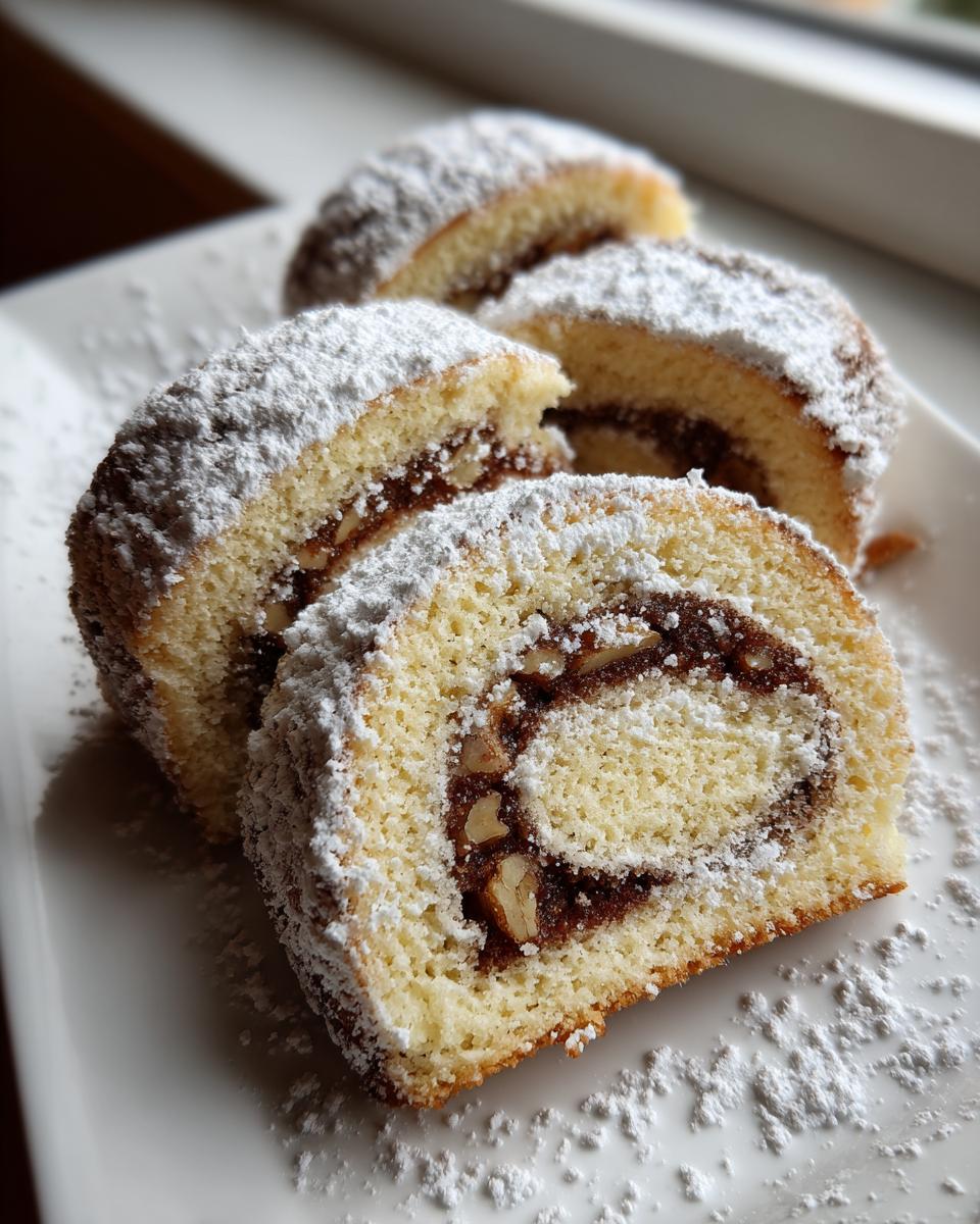 Close-up of three slices of italian nut roll cookies filled with dark nut paste and topped with powdered sugar.