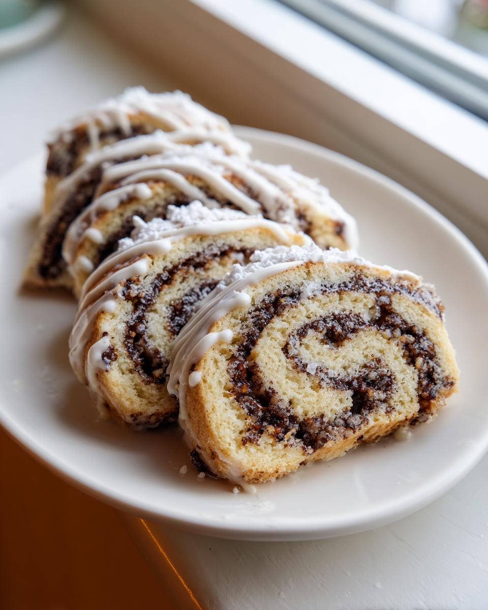 Four slices of italian nut roll cookies with cream cheese dough, drizzled with white icing, served on a white plate.