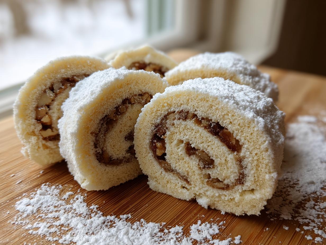 Close-up of sliced italian nut roll cookies filled with nuts and generously dusted with powdered sugar on a wooden board.