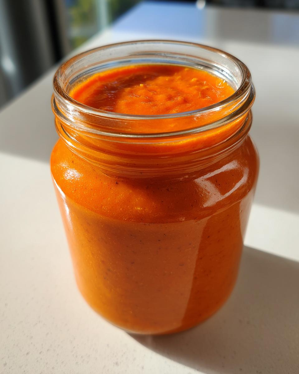 A glass jar filled with thick, bright orange papaya salad dressing, sitting on a white counter in natural light.